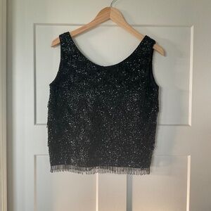 Helen Wong Top Womens Black Wool Sequin Beads Tassel Vintage Sleeveless Party